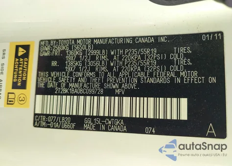 2011 Lexus Rx 350 from USA, damaged, VIN 2T2BK1BA0BC099728